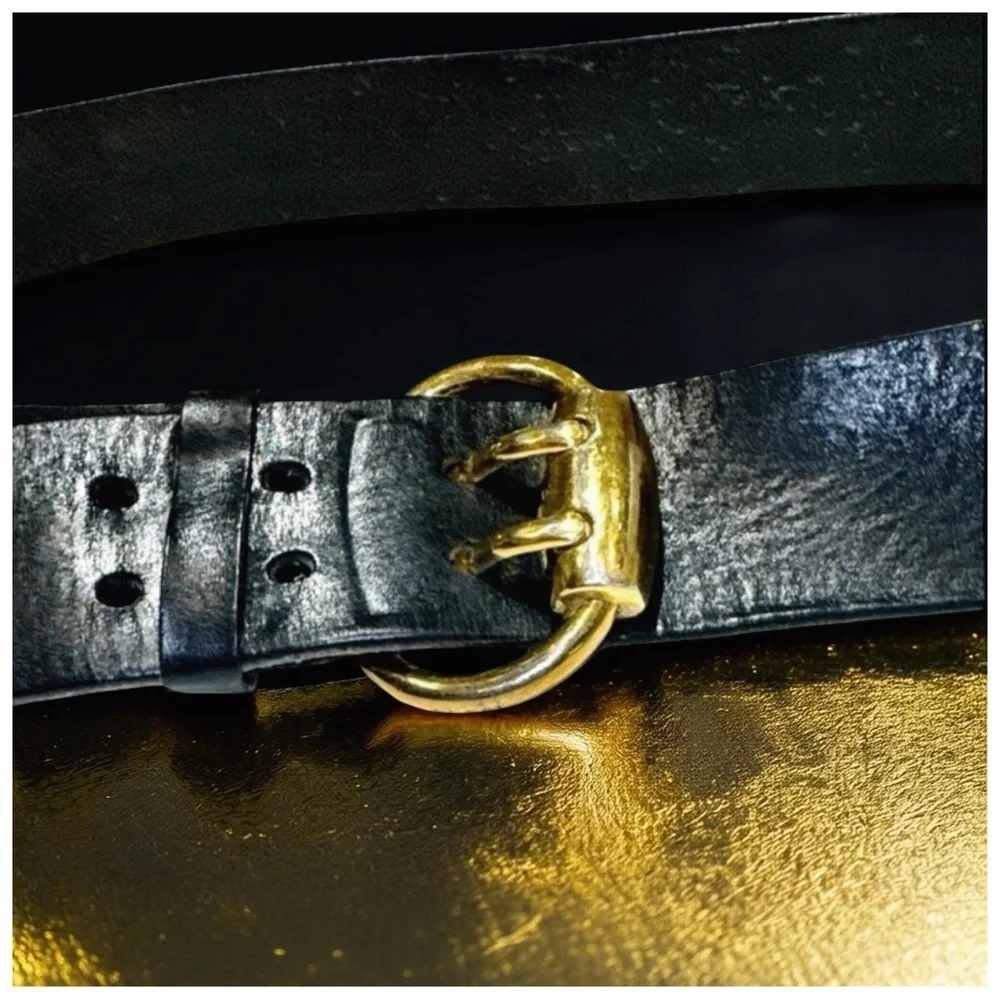 Bijan Men’s Black Leather Belt with Gold Buckle. 48”